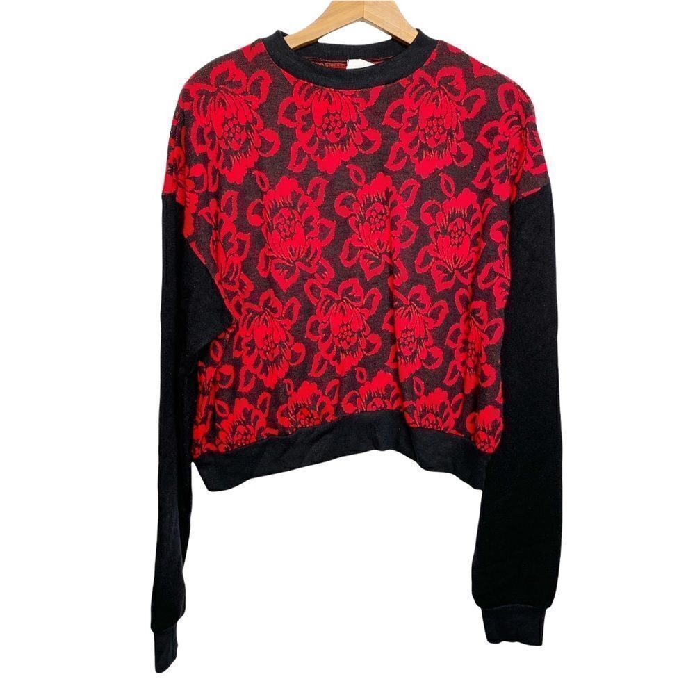 Floral Oversized Knit Pullover Top Red Black